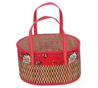Hand Woven Basket with Handle, Foldable Bamboo Storage Basket | Red Cloth Accent, Large Capacity Decorative Piece, Outdoor and Party Use, Gift Package Style