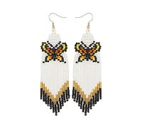 Hand Woven Butterfly Pattern Long Tassel Beaded Earrings, Boho Beaded Vintage Earrings,