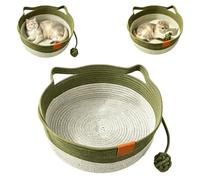 Hand Woven Cat Bed with Hanging Toy Ball, Soft Cotton Rope Cat Nest Scratch Resistant Cat Sleeping Bed, All Season Breathable Round Cat Cave Sofa Bed for Indoor Kitten Adult Cats(Green,Small)