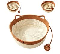 Hand Woven Cat Bed with Hanging Toy Ball, Soft Cotton Rope Cat Nest Scratch Resistant Cat Sleeping Bed, All Season Breathable Round Cat Cave Sofa Bed for Indoor Kitten Adult Cats(Brown,Medium)