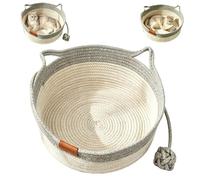 Hand Woven Cat Bed with Hanging Toy Ball, Soft Cotton Rope Cat Nest Scratch Resistant Cat Sleeping Bed, All Season Breathable Round Cat Cave Sofa Bed for Indoor Kitten Adult Cats(Gray,Medium)
