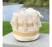 Hand Woven Jute and Cotton Storage Basket - Natural Textured Decorative Bin for Home Organisation, Eco-Friendly and Durable (Round Handwoven Jute and Cotton Honey Tasselled Storage Basket)