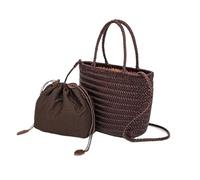 Hand-woven Leather Woven Casual Vegetable Basket Bag With Inside Vintage Shopping Tote(Coffee B)