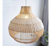 Hand-Woven Rattan Farmhouse Pendant Light, 1-Light Vintage Hanging Chaner, Modern Round Ceiling Light Fixture for Living Room Restaurant Kitchen Island(D40cm/15.7", Blue) (White D35cm/13.7")