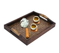 Hand Woven Rattan Serving Tray with Handles,12x9x2.6 inch Rectangular Storage Tray Wood Breakfast Decorative Coffee Table Plate for Kitchen Kitchen Accessories