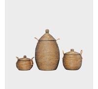 Hand Woven Seagrass Basket Collection - With Lids and Handles, Perfect for Laundry, Toys and More (Black, Set of 3)