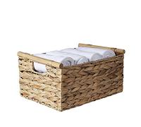 Hand-Woven Wicker Basket With Handle,Rectangular Storage Basket,Water Hyacinth Woven Basket,Magazine Shelf Basket,Towel Storage Basket for Living Room Bathroom Office (Medium 12 x 8.4 x 5.7 In)