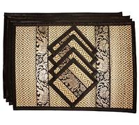 Hand-Woven Wicker Reed Placemats and Coaster Set - Eco-Friendly Alternative to Plastic - Heat Resistant - Thai Style - Durable and Easy to Clean - Perfect for Dining Table Décor - Set of 4 (Medium Black)