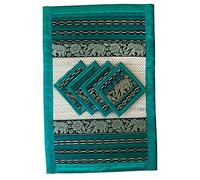 Hand-Woven Wicker Reed Placemats and Coaster Set Eco-Friendly Alternative to Plastic Heat Resistant Thai Style Durable and Easy to Clean-Perfect for Dining Table Set of 4 (Large T2 Teal Green (B&W))