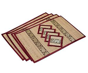 Hand-Woven Wicker Reed Placemats Coaster Set Eco-Friendly Alternative to Plastic Heat Resistant Thai Style Durable Easy to Clean for Dining Table Set of 4 (Large Burgundy (Small Trim))