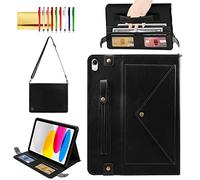 Handbag Case for iPad (A16) 11" 2025 & iPad 10th Gen 10.9", Techcircle Folio Stand PU Leather Multi-Card Slots Envelope Pocket Wallet Cover with Hand Strap+Shoulder Strap+Pen Holder, Black