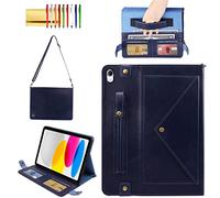 Handbag Case for iPad (A16) 11" 2025 & iPad 10th Gen 10.9", Techcircle Folio Stand PU Leather Multi-Card Slots Envelope Pocket Wallet Cover with Hand Strap+Shoulder Strap+Pen Holder, Navy