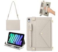 Handbag Case for iPad Mini 7 2024/Mini 6th Generation Case, Techcircle Elegant Crossbody PU Leather Folio Envelope Pocket Stand Cover with Hand Strap+Shoulder Strap+Pencil Holder+Card Slots, Off-White