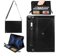 Handbag Case for iPad Pro 11" 2018-2022 / Air 11" 2025 2024 10.9" - Techcircle Folio Stand iPad Crossbody Wallet Case with Pencil Holder, Hand Strap+Shoulder Strap Protective Cover, Black