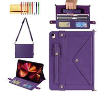 Handbag Case for iPad Pro/Air 10.5" & iPad 10.2" (2019-2021), Techcircle Folio Stand iPad Crossbody Wallet Case with Pencil Holder & Envelope Pocket, Hand Strap+Shoulder Strap Protective Cover, Purple