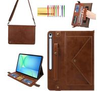 Handbag Case for Samsung Galaxy Tab S10 FE+ 13.1-inch, Techcircle Folio Stand Crossbody Wallet Case w/Pen Holder & Card Slots Thin Pocket, Built-in Hand Strap & Shoulder Strap, Coffee