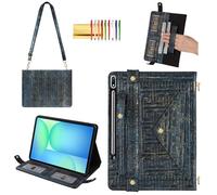 Handbag Case for Samsung Galaxy Tab S10 FE+ 2025 13.1-inch - Techcircle Vintage Maze Pattern Crossbody Folio Stand Cover with Pen/Card Holder, Hand Grip/Shoulder Strap, Retro Navy