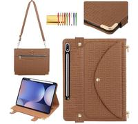 Handbag Case for Samsung Galaxy Tab S10+ Plus 12.4-inch 2024, Tab S9+/S9 FE+ 2023 Case with S Pen Holder, Techcircle Unique Pattern Folio Stand Functional Wallet Case with Shoulder Strap, Brown