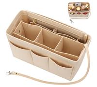 Handbag Organiser Insert with Multiple Compartments & Zips, Beige Multi-Pocket Felt Tote Bag Organisers, 27x16x15cm Large Capacity Storage Pouch, Women Travel Makeup Organizer for Cosmetic Toiletry