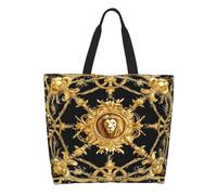 Handbag Ornate Golden Baroque Patterned Square Women Tote Bag Foldable Shopping Bags With Inner Pocket Beach Bags For College Pool Travel