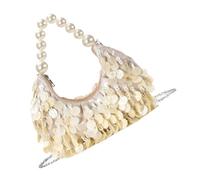 Handbag with Shell Detail, Pearl Handle, Neutral Beige Finish, Chain Strap, and Secure Zip Closure for Dinner Event Looks Tonight Evening Bag Pearl Handle Shell Detail Neutral Beige Shoulder Purse Zip