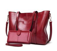 Handbags for Ladies Large Tote Shoulder Bag PU Leather with Matching Wallet Good Choice for Work Travel Gift 2 Pcs Set (Wine red)