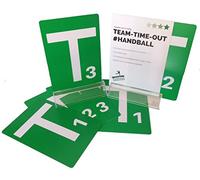 Handball team time-out board, complete set with 6 green cards in A5, PVC with rounded corners, numbered from 1 to 3 according to handball rules, matching acrylic table stands and referee cards