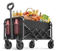 Handcart Foldable 120 L, Folding Wagon with 160 kg Load Capacity, Collapsible Hand Trolley with Quiet Wheels, Side Pocket and Drink Holder, Garden Cart for Camping, Beach, Shopping and Outdoor Use