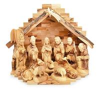 Handcarved Bethlehem Olive Wood Miniature Nativity Scene Set with Stable 12 Pieces (11" Stable with 5-6" Figurines with Faces)