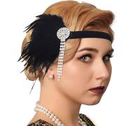 Handcess 1920s Feather Flapper Headband Black Crystals Feather Headband Women's Vintage Flapper Headpiece 20's Theme Cocktail Hair Accessories for Costume Prom Carnival Theme Party