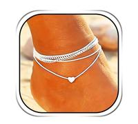 Handcess Boho Layered Anklets Silver Heart Ankle Bracelets Braided Love Foot Chain Jewelry for Women and Girls