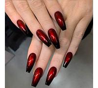 Handcess Coffin Glossy False Nails Long Black & Red Ballerina Press On Nails Gradient Acrylic Art Full Cover Fake Nails (24 Pcs)