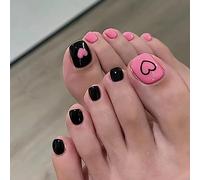 Handcess Glossy False Toenails Black Pink Press on Toe Nail Heart Fake Toenails Full Cover Acrylic Toe Nail Art Tips for Women and Girls 24Pcs
