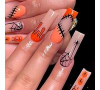 Handcess Halloween Coffin Fake Nails Long Pink Press on Nails False Nail Glossy Acrylic Stick on Nails for Women and Girls (24pcs)