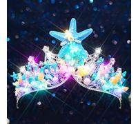 Handcess Light up Starfish Tiaras and Crowns Blue LED Shell Crown Headband Glowing Mermaid Costume Pearl Headwear Party Rave Hair Accessories for Women