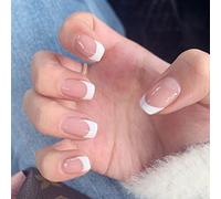 Handcess Square French False Nails Short Pink Press on Nails Glossy Acrylic Fake Nails Stick on Nails 24Pcs for Women and Girls