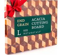 Handcrafted 3-D Checkered Acacia Wood Cutting Board - Reversible End Grain Large Butcher Block Cutting Board Serving Tray for Prep & Presentation - Multipurpose Wooden Charcuterie Board with Handles