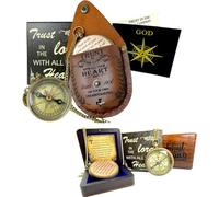 Handcrafted Antique Trust in The Lord with All Your Heart Brass 2 Inch Sundial with Leather Case Navigational Compass for Camping & Hiking