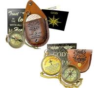 Handcrafted Antique Trust in The Lord with All Your Heart,God’s Compass Brass 2 Inch Sundial with Leather Case Navigational Compass for Camping & Hiking