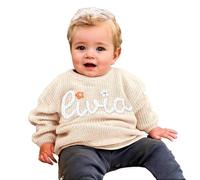 Handcrafted Baby Knit Sweater with Custom Embroidered Name or Monogram, Specialized Gift for Infant Girl, Boy, Toddler, Kid 0-6M Light Khaki