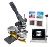 Handcrafted Badge Making Kit with Embossing Machine and 50×50mm Metal Dies, featuring cutting tools and long-handled design, ideal for DIY photo badges and magnet creation