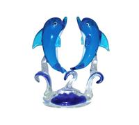 Handcrafted Blue Glass Dolphin Ornament 7x6cm - Twin Dolphin Figurine on Clear Wave Base, Collectible Animal Sculpture, Crystal-Effect Home Décor Accent with Gift Box