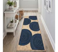 Handcrafted Braided Jute Runner Rug 2.6x4 ft - Rustic Natural Braided Area Rug Thick 0.27" Geometric Blue Chindi Rugs for Hallway, Entryway, Home/Office Decor, High-Traffic Area Carpet