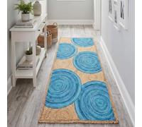 Handcrafted Braided Jute Runner Rug 2.6x4 ft - Rustic Natural Braided Area Rug Thick 0.27" Geometric Sky-Blue Chindi Rugs for Hallway, Entryway, Home/Office Decor, High-Traffic Area Carpet