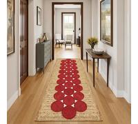 Handcrafted Braided Jute Runner Rug 3x18 ft - Rustic Natural Braided Area Rug Thick 0.27'' Red Circular Pattern Geometric Rugs for Hallway, Balcony, Laundry, Home Decor Carpet