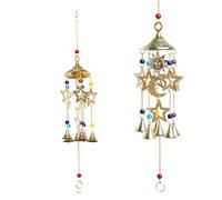 Handcrafted Brass Sun Face Moon Star Wind Chime Chimes Roof Hangings Door Wall Hanging with Bells Indian Traditional Festival Hanging for Home Décor Housewarming Spiritual Gifting Ideas(Size:-17")