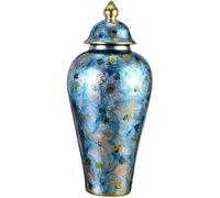 Handcrafted Ceramic Ginger Jar - Blue Blossom & Golden Strokes Temple Vase Elegant Home Decor for Living Spaces European Aesthetics Ideal for Stylish Interiors (L)