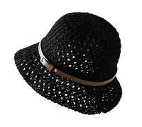 Handcrafted Grass Hat, Crochet Breathable Bucket Sun Straw Hat with Faux Leather Trim for Women, UV Protection Foldable Mesh Woven Soft Lightweight Beach Hat for Summer Vacation (Black)