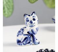 Handcrafted Gzhel Porcelain Cat Figurine, Blue and White Russian Folk Art, 1.6" - Traditional Interior Decor