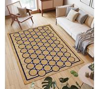 Handcrafted Jute Braided Rug 5x8 Feet - Natural Jute Area Rug Thick 0.27" Geometric Navy-Blue Circle & Border Rugs for Living Room, Kids Room, Indoor Outdoor, Home Decor Carpet
